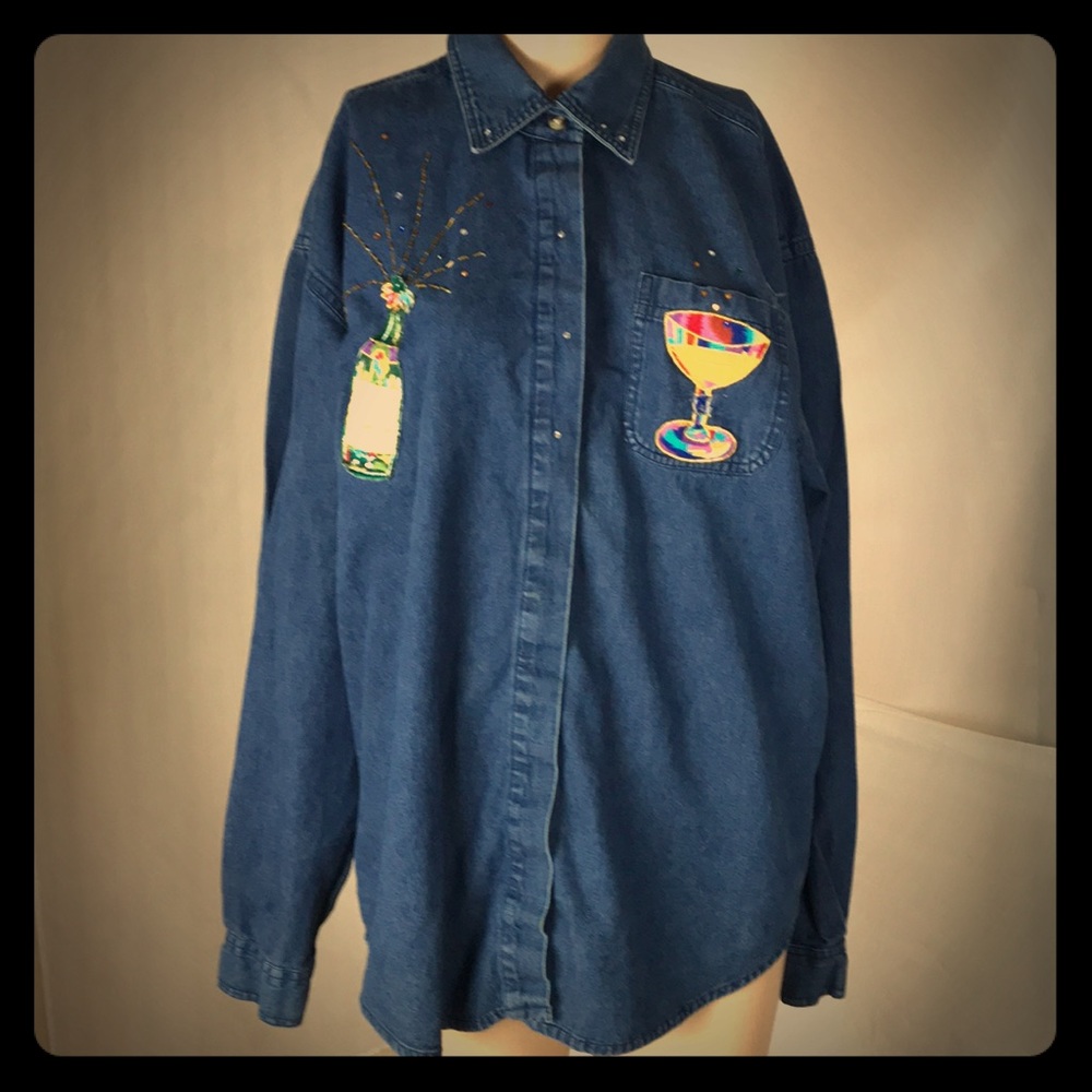 Way To Go Embroidered Denim Party Shirt Size L